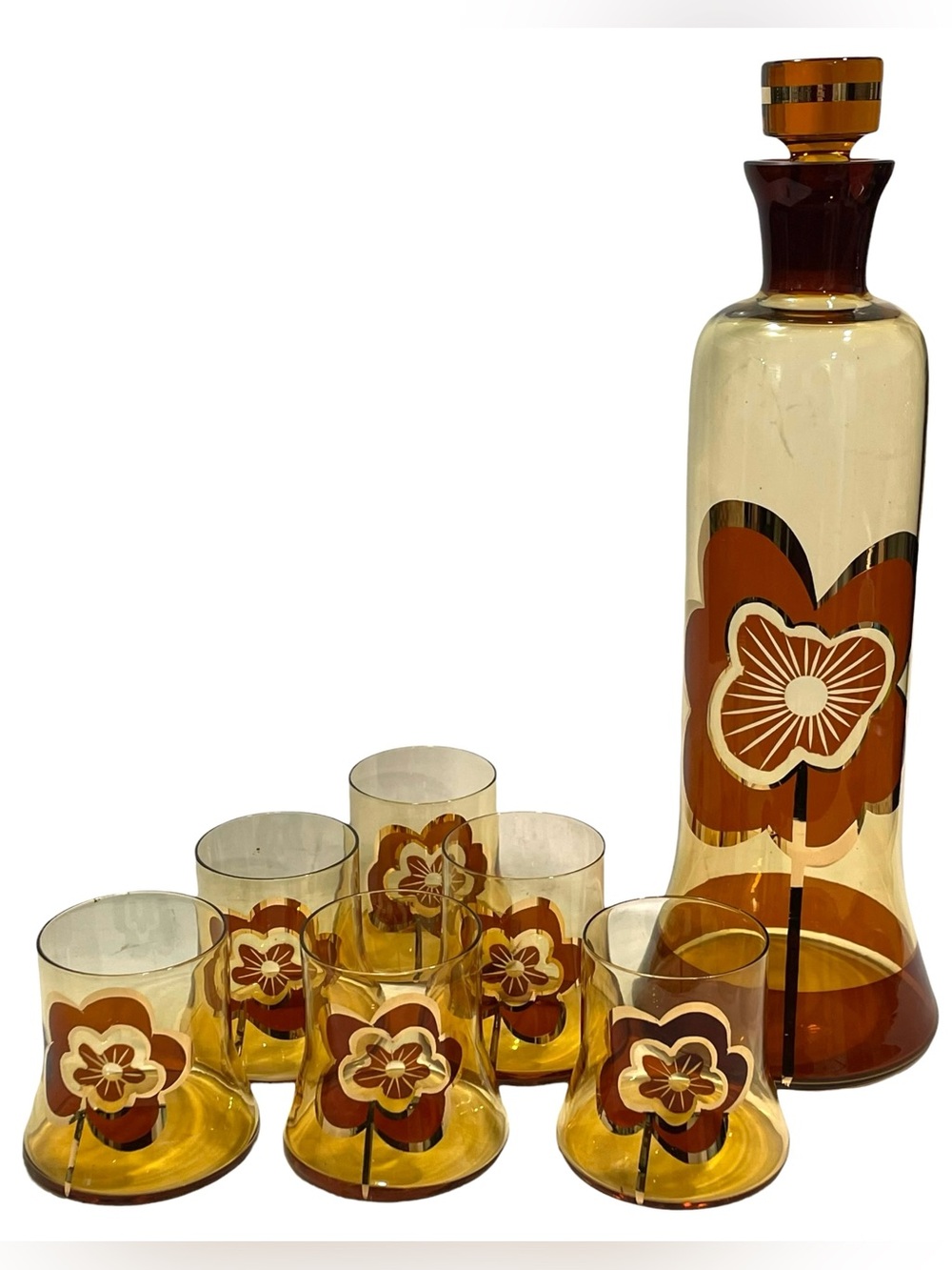 Vintage 1970s Bohemian Crystal Decanter - Floral Czech Bottle Matching Glasses